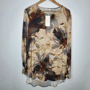 Feria Womens Neutral Abstract Tunic Top Size 42 Long Sleeve Front Pleat Artsy